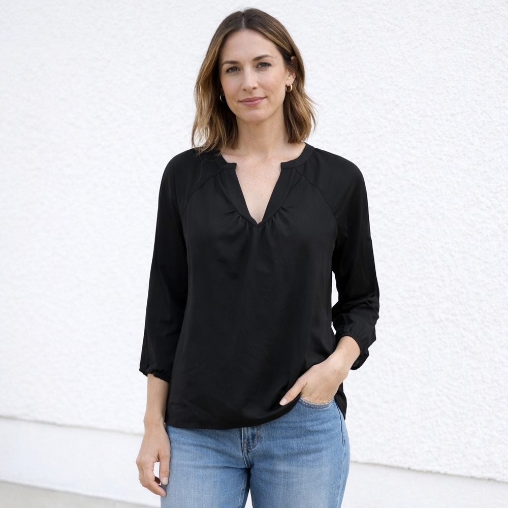 Halston Black V-Neck Blouse | 3/4 Sleeve Elegant Minimalist Top